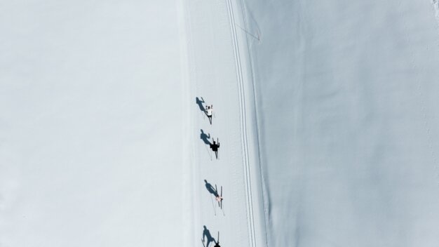 Top view of four Nordic skiers in a row on a groomed trail in the wide, white snow, with long shadows beside them. | © INTERSPORT International Corporation GmbH
