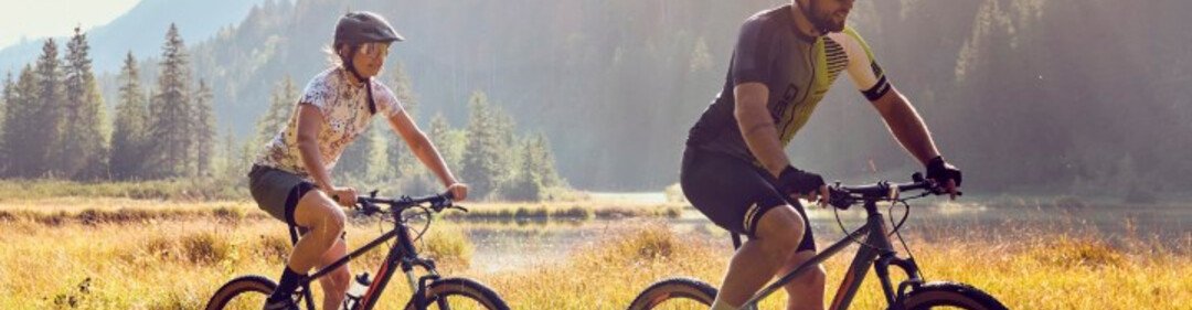 Two cyclists riding through a meadow in warm evening light, surrounded by mountains and forest.