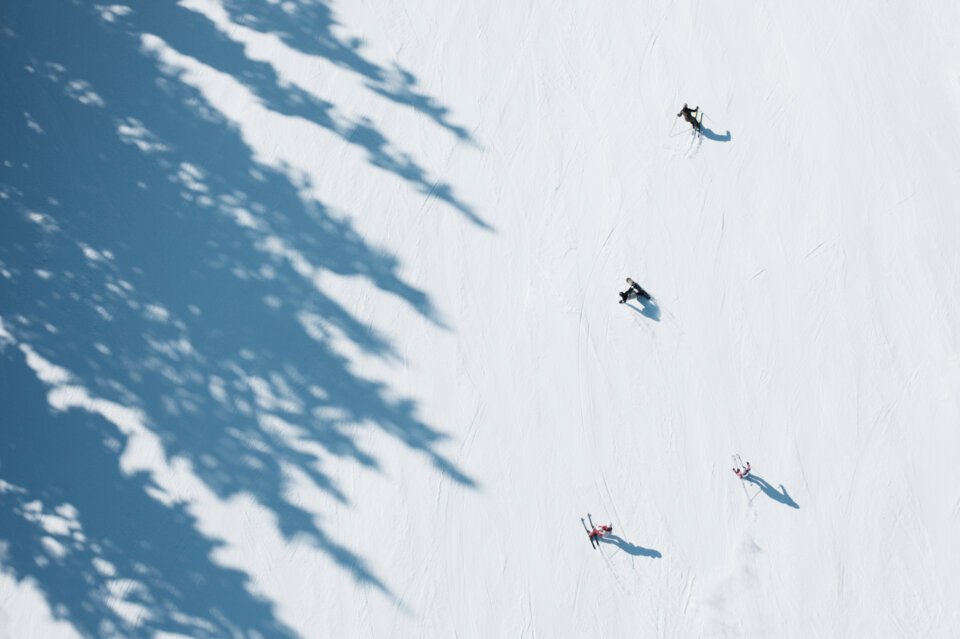 © INTERSPORT International Corporation GmbH Draufsicht auf Skifahrer und Snowboarder auf einer schneebedeckten Piste mit Baumschatten. | © INTERSPORT International Corporation GmbH