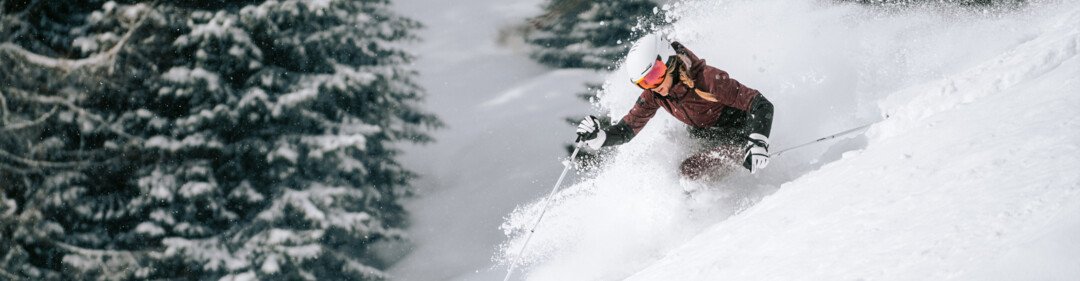 Skifahrerin im Tiefschnee vor verschneiten Bäumen